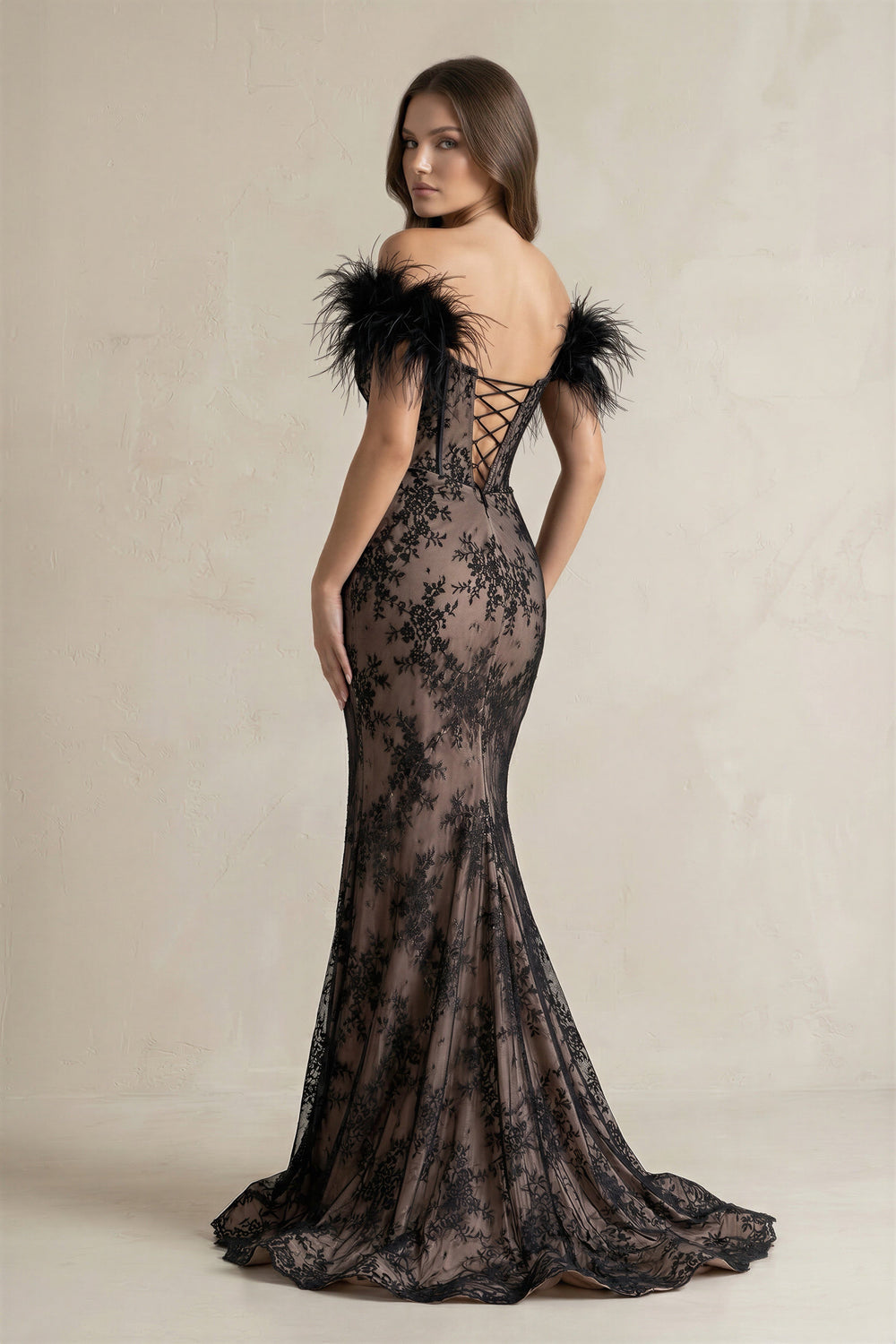 Feather Off - the - Shoulder Mermaid Corset Lace Wedding Dress With Slit in Black - KISS BRIDAL Wedding Dresses