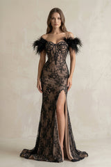 Feather Off - the - Shoulder Mermaid Corset Lace Wedding Dress With Slit in Black - KISS BRIDAL Wedding Dresses