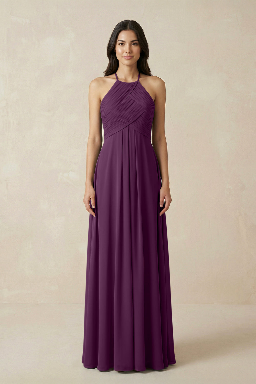 A-Line Halter Neck Pleated Chiffon Bridesmaid Dress in Fig