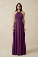 Fig A-Line Halter Neck Pleated Chiffon Bridesmaid Dress | KISSBRIDAL
