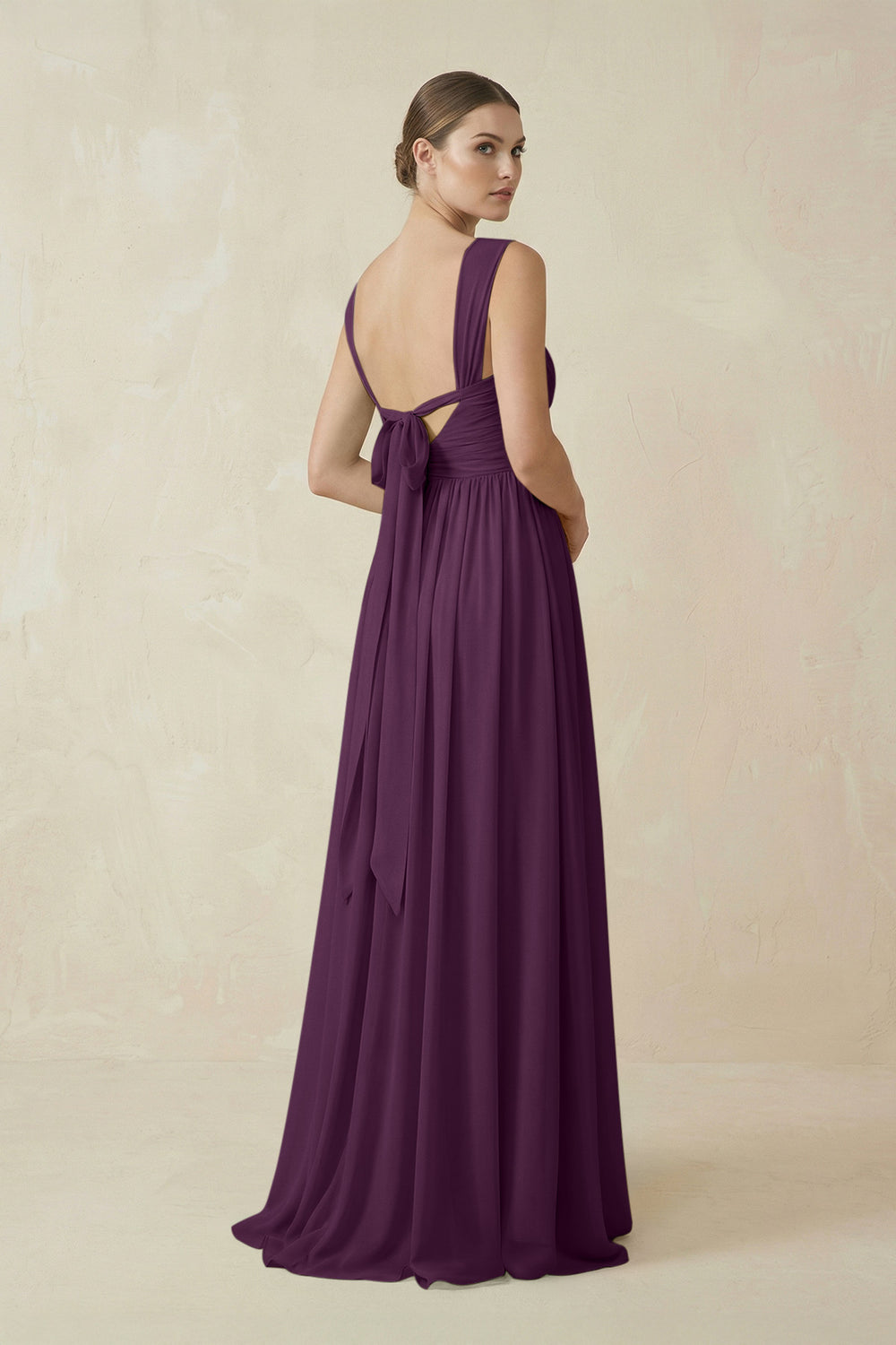 A-Line Pleated Chiffon Long Bridesmaid Dress in Fig