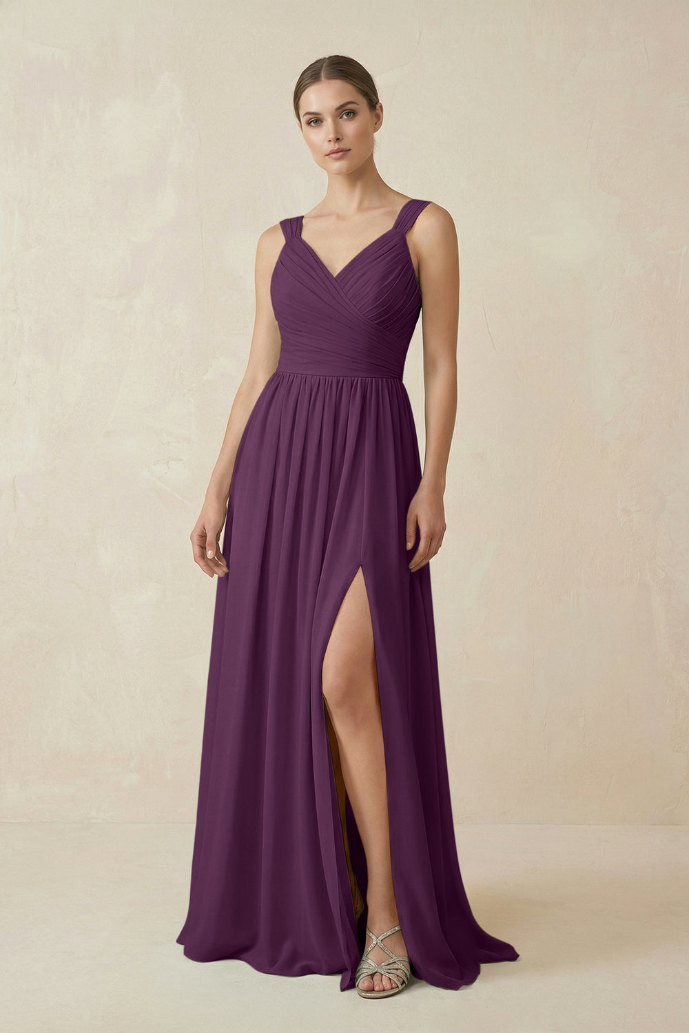 A-Line Pleated Chiffon Long Bridesmaid Dress in Fig