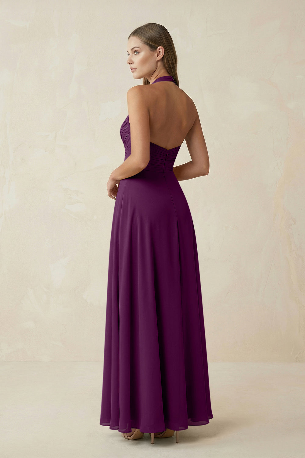 A-Line Pleated Chiffon V-Neck Bridesmaid Dress in Fig