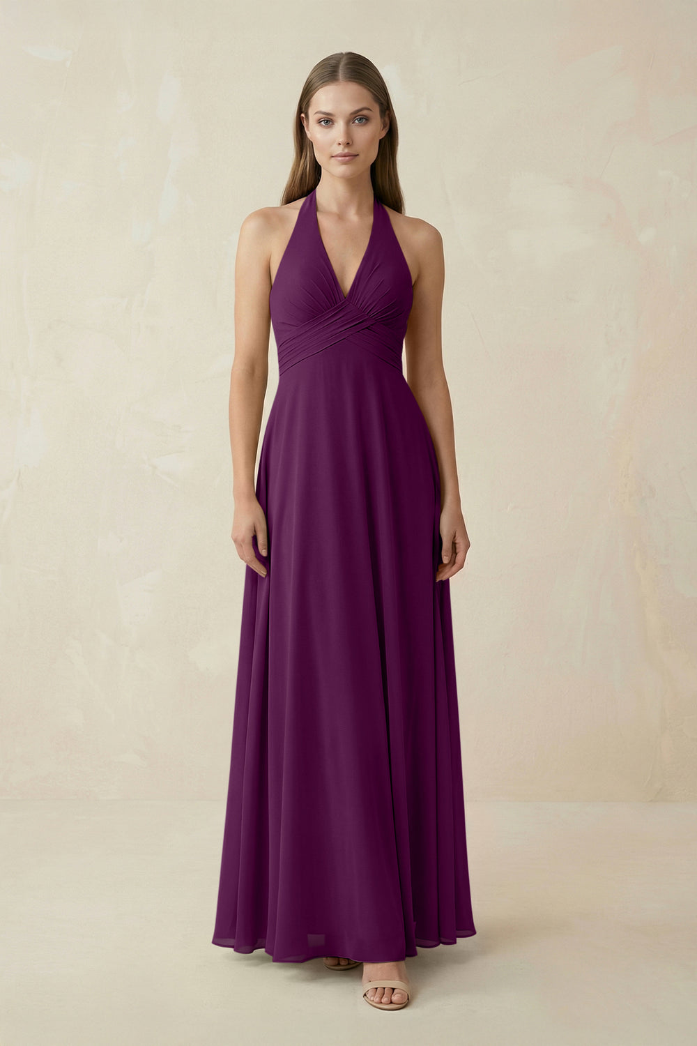A-Line Pleated Chiffon V-Neck Bridesmaid Dress in Fig