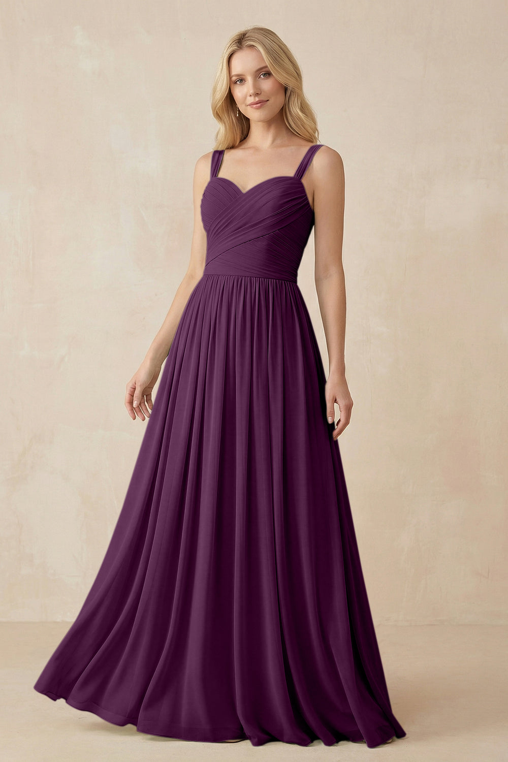 A-Line Pleated Long Chiffon Bridesmaid Dress in Fig