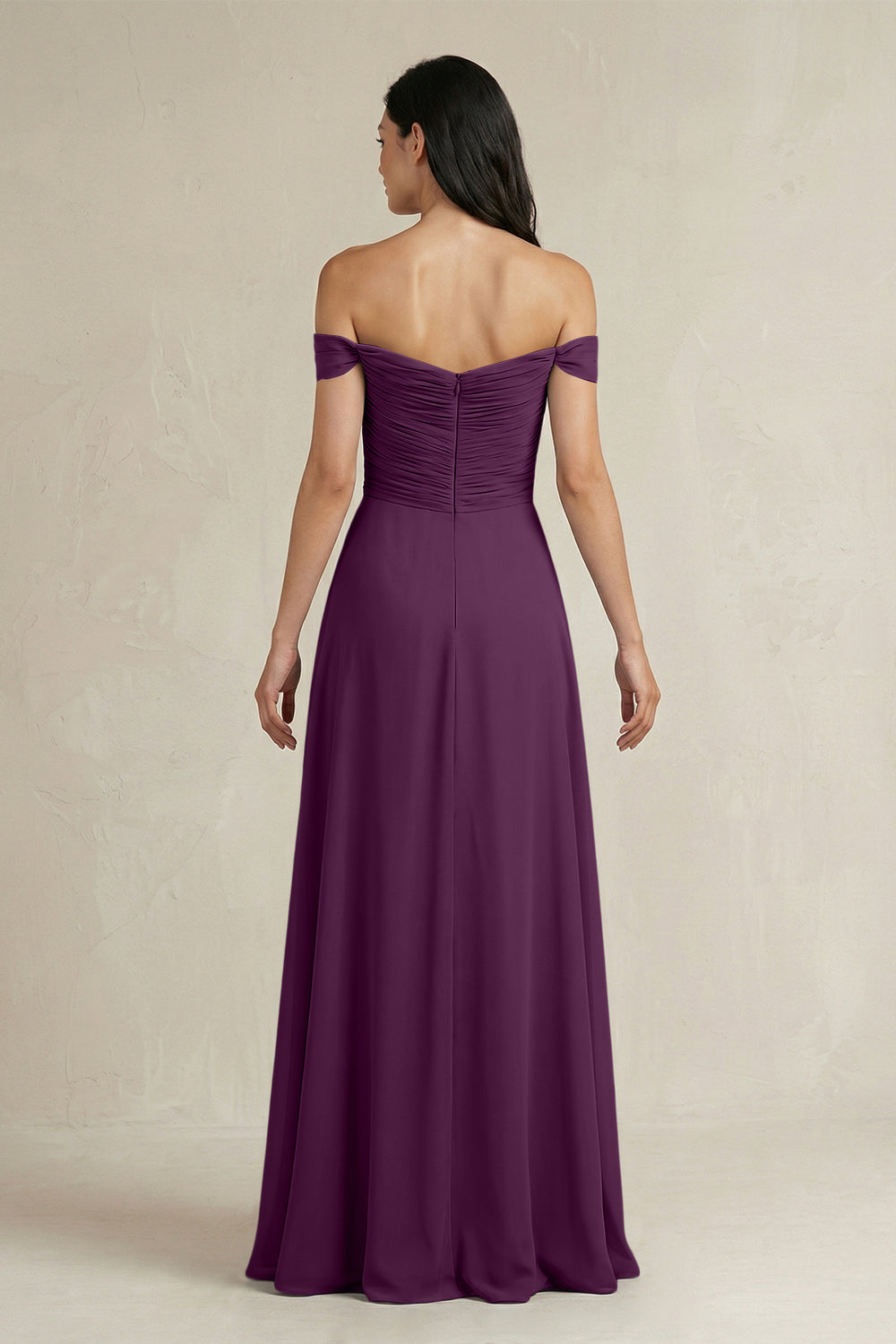 A-Line Pleated Off-the-Shoulder Chiffon Bridesmaid Dress in Fig