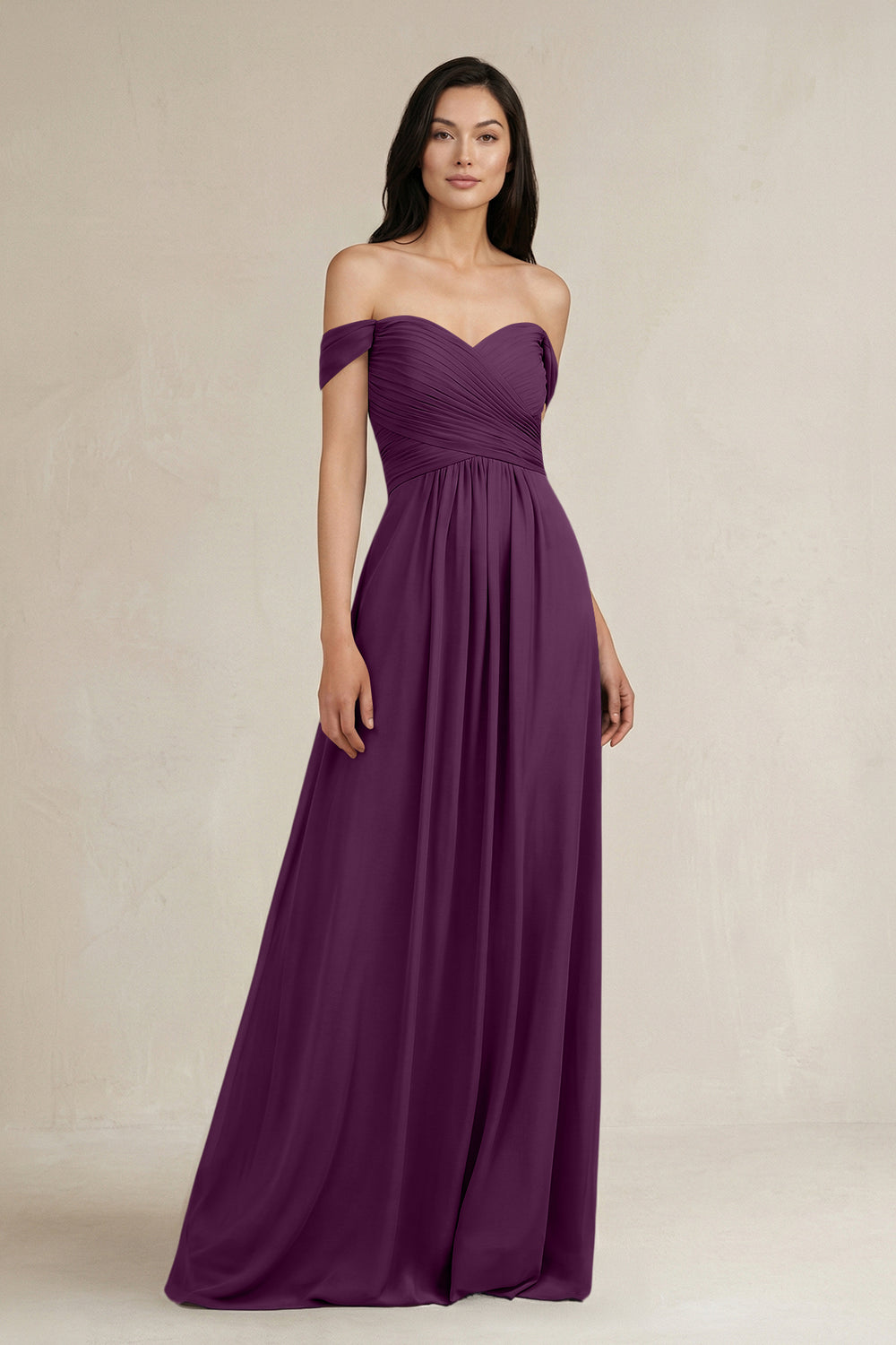 A-Line Pleated Off-the-Shoulder Chiffon Bridesmaid Dress in Fig