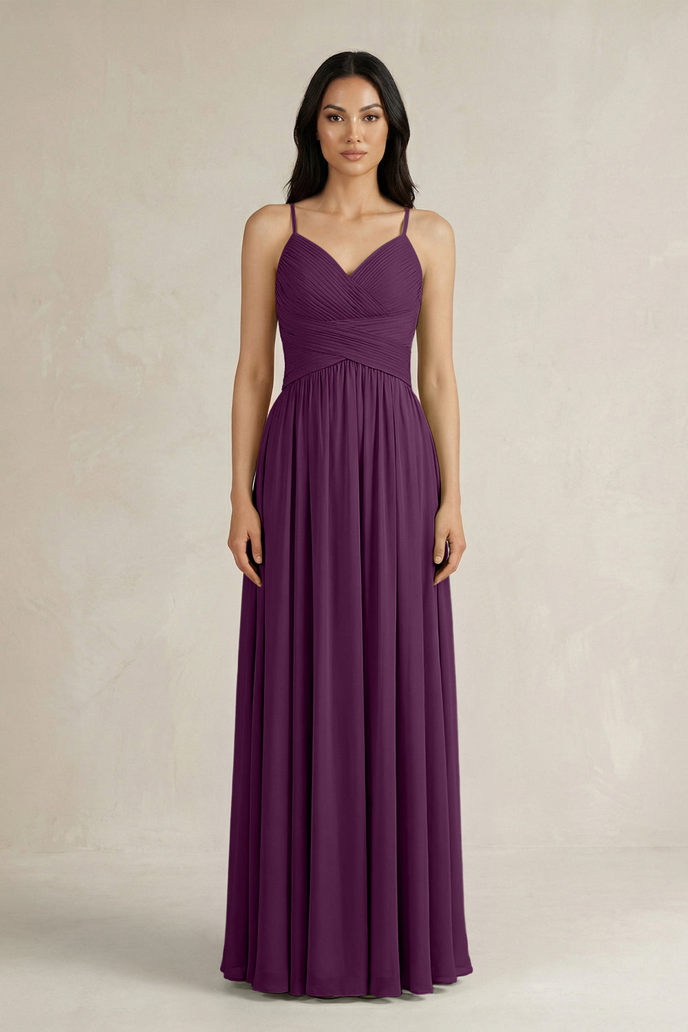 A-Line Pleated Spaghetti Strap Chiffon Bridesmaid Dress in Fig