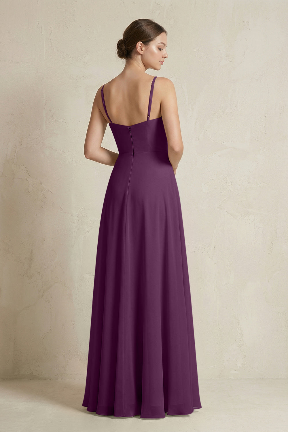A-Line Ruffled Spaghetti Strap Chiffon Bridesmaid Dress in Fig