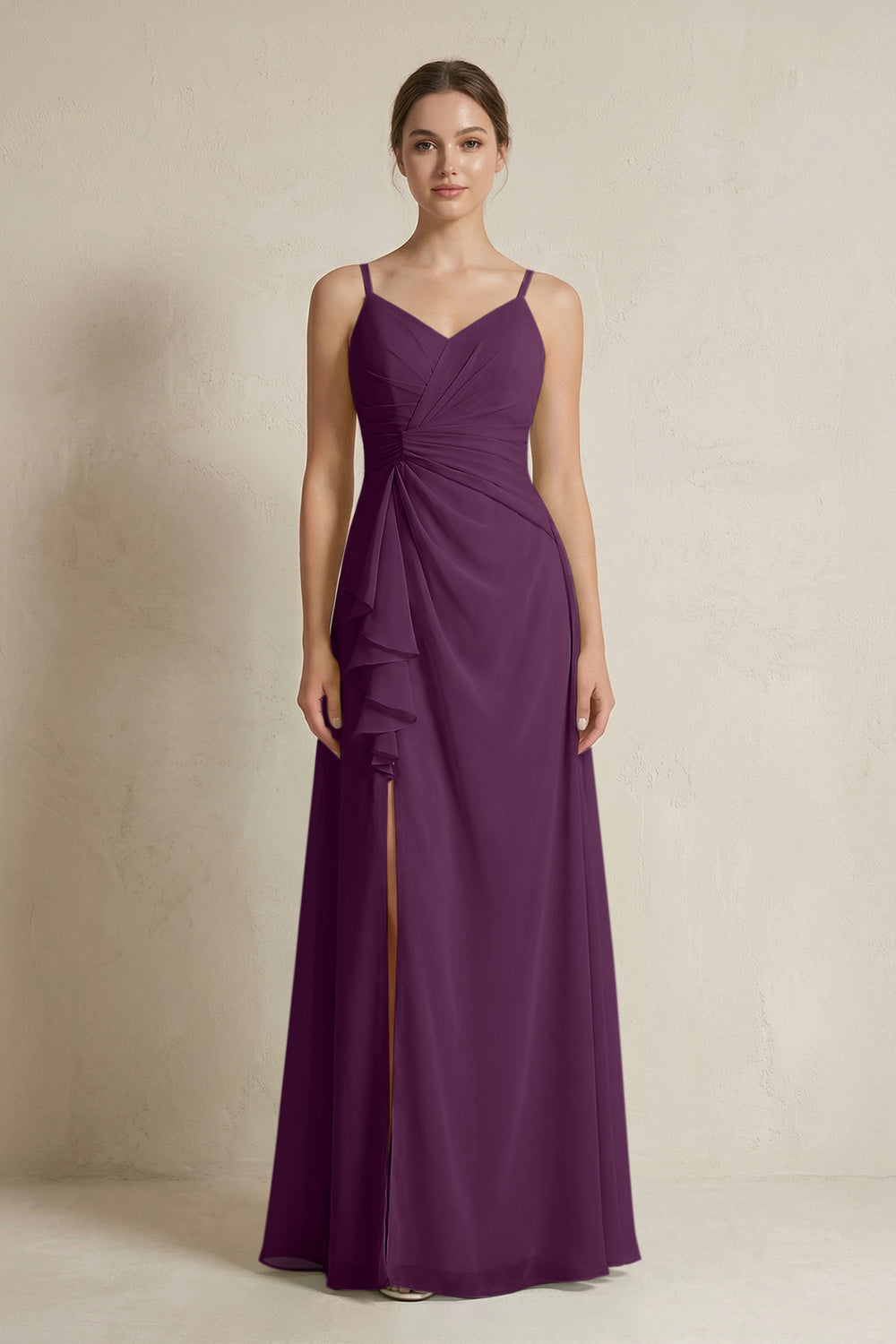 A-Line Ruffled Spaghetti Strap Chiffon Bridesmaid Dress in Fig