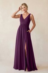 Fig A-Line V-Neck Pleated Chiffon Bridesmaid Dress | KISSBRIDAL