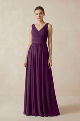 Fig A-Line V-Neck Pleated Chiffon Bridesmaid Dress | KISSBRIDAL