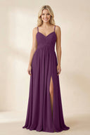 Fig Cami Strap Chiffon A-Line Bridesmaid Dress with Slit | KISSBRIDAL