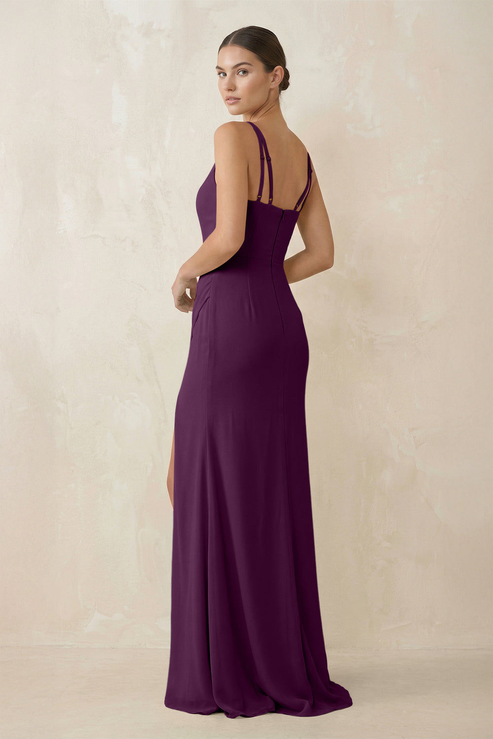Cami Strap Chiffon Sheath Bridesmaid Gown in Fig