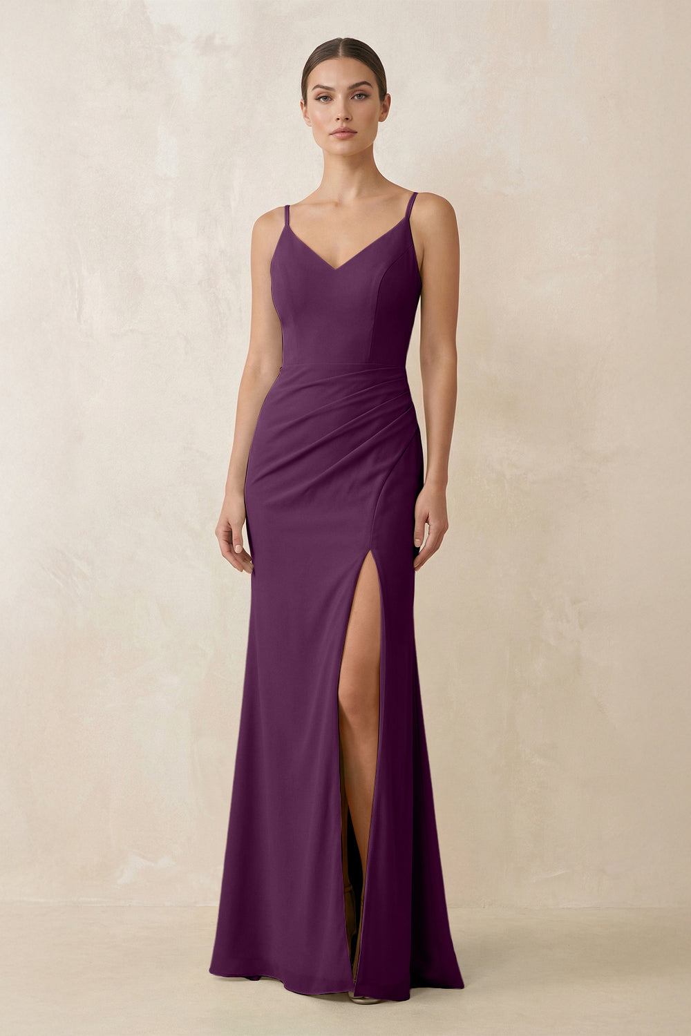 Cami Strap Chiffon Sheath Bridesmaid Gown in Fig