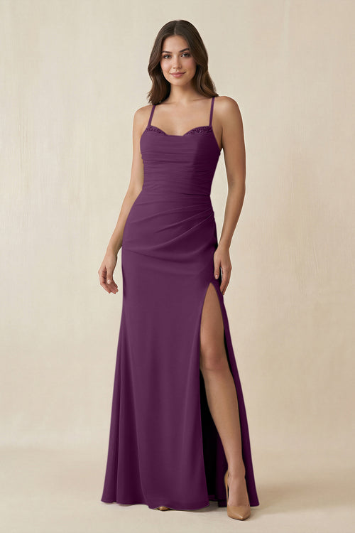 Fig Cami Strap Sheath Chiffon Bridesmaid Dress with Slit | KISSBRIDAL