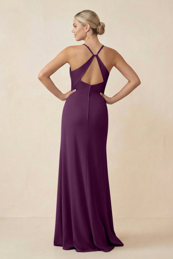 Fig Cami Strap Sheath Ruched Bridesmaid Dress With Slit (2) | KISSBRIDAL
