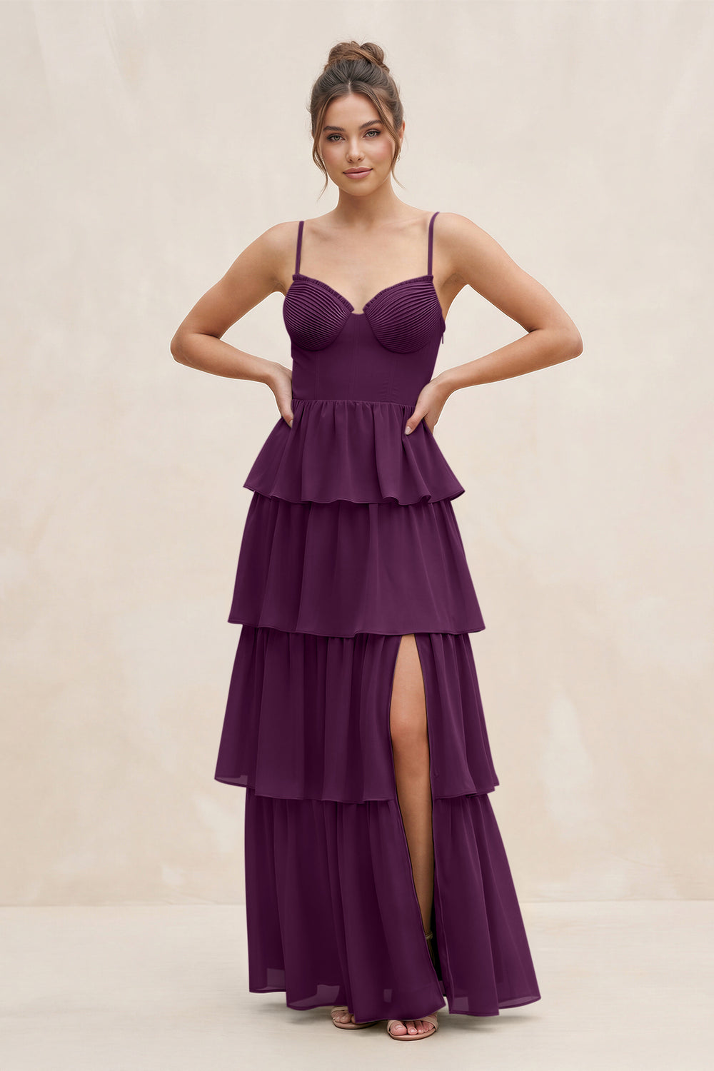 Cami Strap Tiered A-Line Chiffon Bridesmaid Dress in Fig
