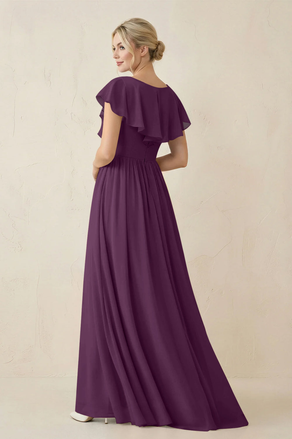 Cap Sleeve A-Line Ruffled Chiffon Bridesmaid Dress in Fig