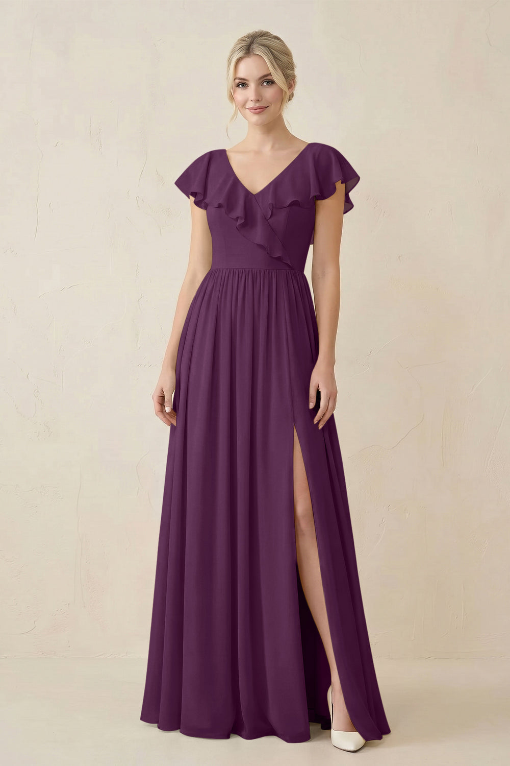 Cap Sleeve A-Line Ruffled Chiffon Bridesmaid Dress in Fig