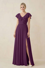 Fig Cap Sleeve A-Line Ruffled Chiffon Bridesmaid Dress | KISSBRIDAL