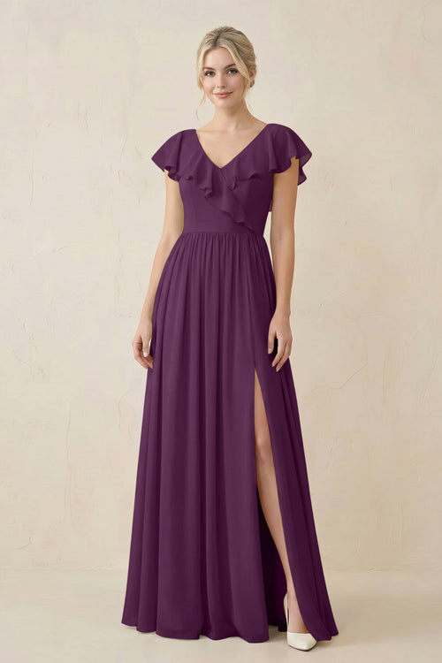 Fig Cap Sleeve A-Line Ruffled Chiffon Bridesmaid Dress | KISSBRIDAL