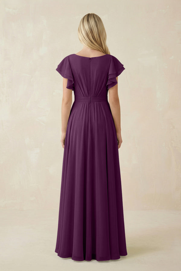 Fig Cap Sleeve Ruffled A-Line Chiffon Bridesmaid Dress (2) | KISSBRIDAL