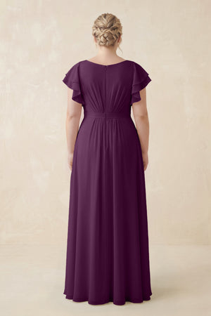 Fig Cap Sleeve Ruffled A-Line Chiffon Bridesmaid Dress (2) [sizeplus]  | KISSBRIDAL