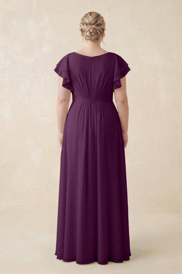 Fig Cap Sleeve Ruffled A-Line Chiffon Bridesmaid Dress (2) [sizeplus]  | KISSBRIDAL