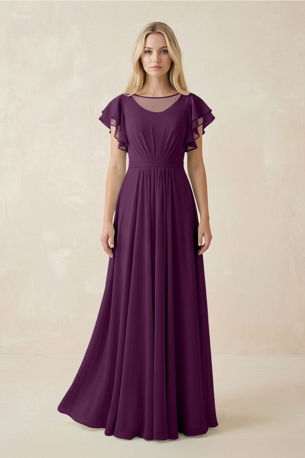 Cap Sleeve Ruffled A-Line Chiffon Bridesmaid Dress in Fig