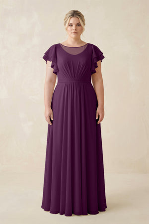 Fig Cap Sleeve Ruffled A-Line Chiffon Bridesmaid Dress [sizeplus]  | KISSBRIDAL