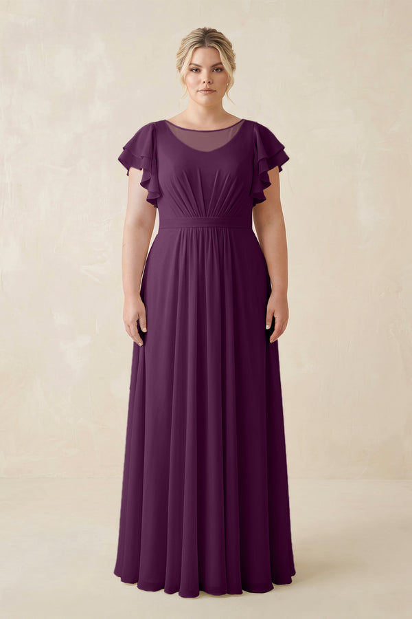 Fig Cap Sleeve Ruffled A-Line Chiffon Bridesmaid Dress [sizeplus]  | KISSBRIDAL