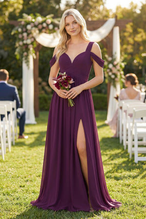 Fig Chiffon A-Line Bridesmaid Dress with Slit (4) | KISSBRIDAL