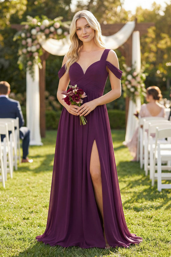 Fig Chiffon A-Line Bridesmaid Dress with Slit (4) | KISSBRIDAL