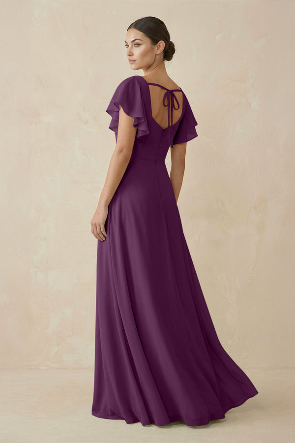 Fig Chiffon A-Line Long Bridesmaid Dress with Flutter Sleeves (2) | KISSBRIDAL