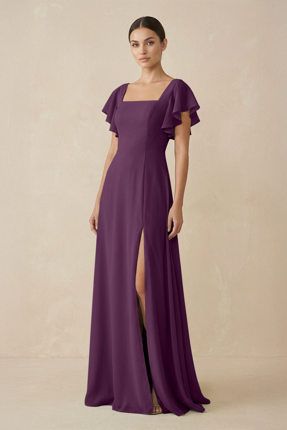 Chiffon A-Line Long Bridesmaid Dress with Flutter Sleeves in Fig