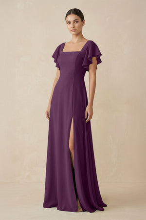 Fig Chiffon A-Line Long Bridesmaid Dress with Flutter Sleeves | KISSBRIDAL