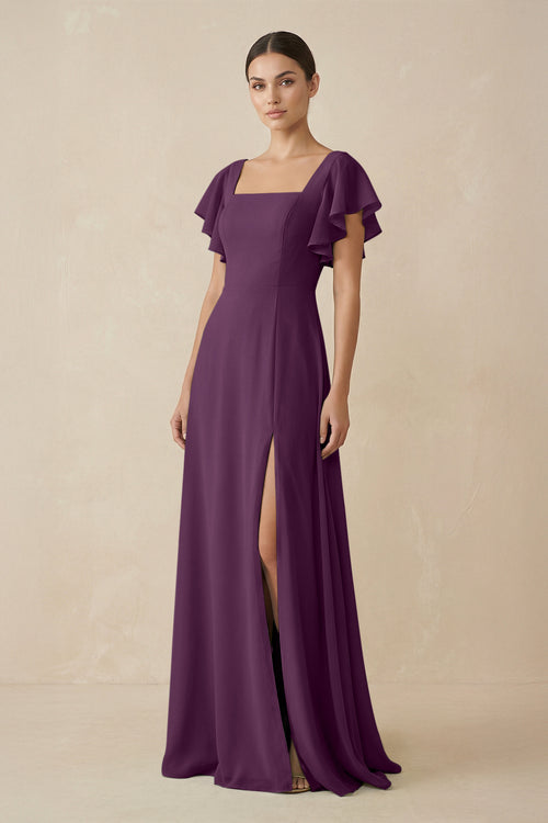 Fig Chiffon A-Line Long Bridesmaid Dress with Flutter Sleeves | KISSBRIDAL