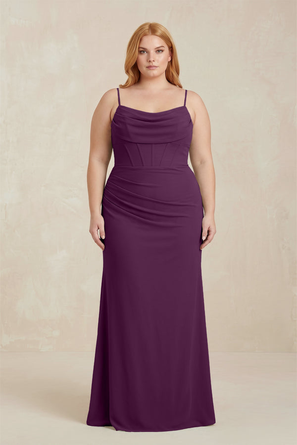 Fig Cowl Neck Sheath Chiffon Bridesmaid Dress with Corset  [sizeplus] | KISSBRIDAL