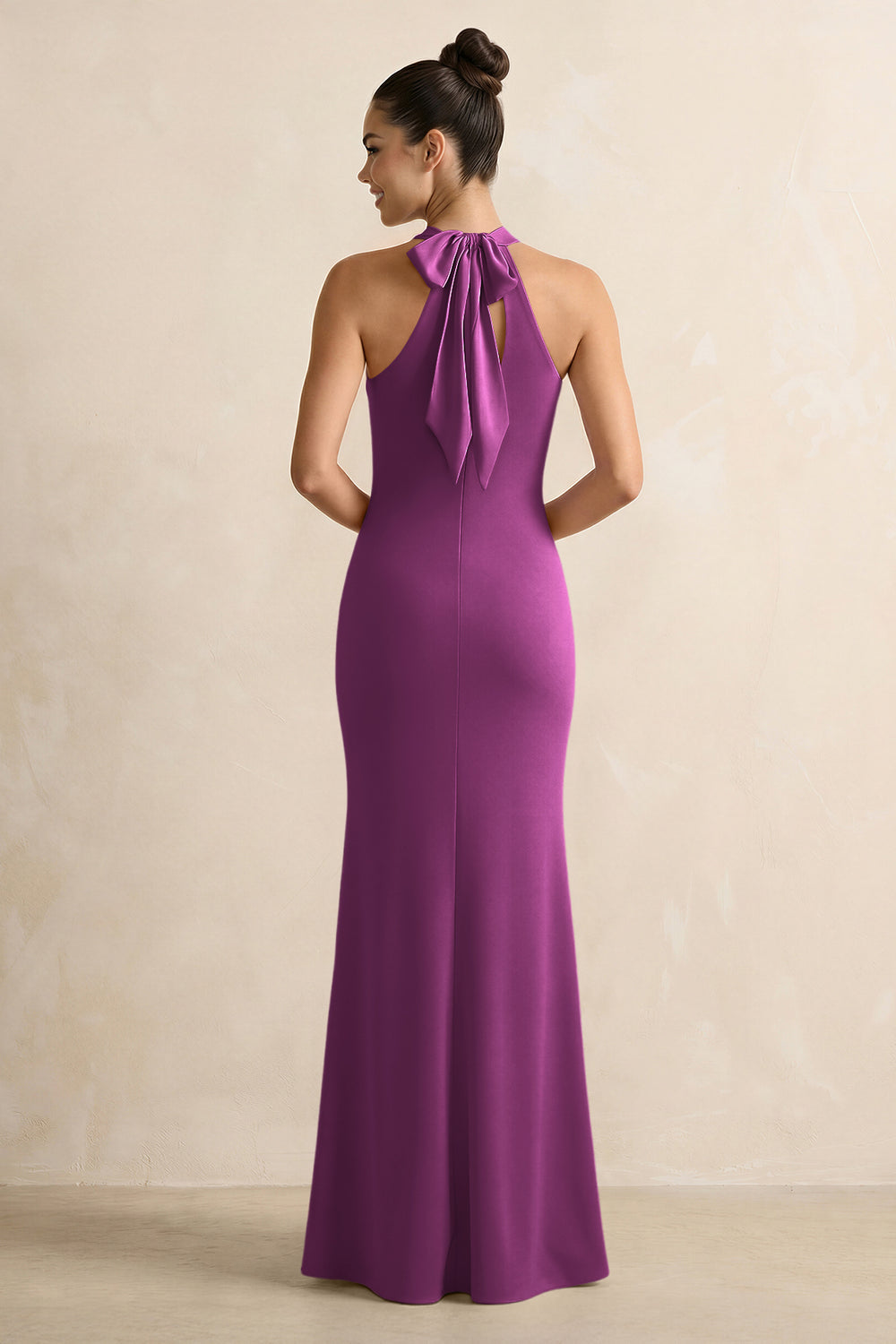 Crisscross Halter Sheath Satin Bridesmaid Dress with Bow in Fig
