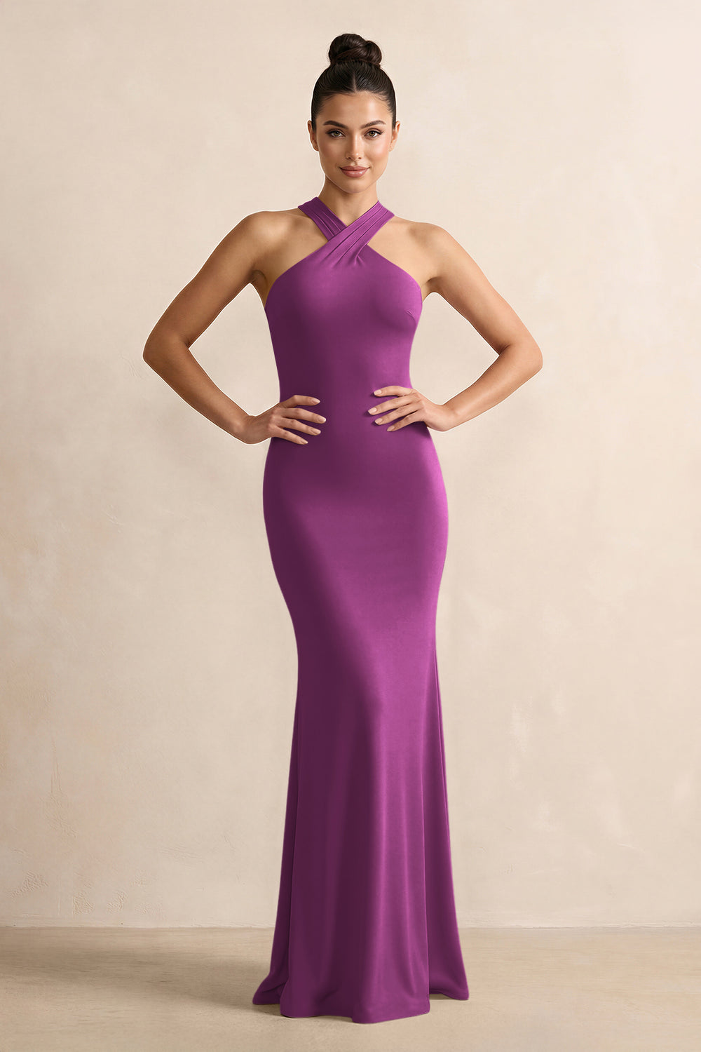 Crisscross Halter Sheath Satin Bridesmaid Dress with Bow in Fig