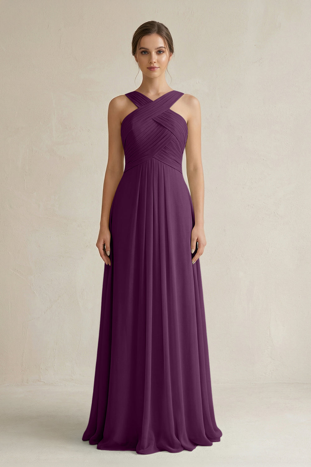 Cross Halter Chiffon A-Line Pleated Bridesmaid Dress in Fig