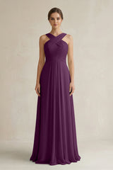 Fig Cross Halter Chiffon A-Line Pleated Bridesmaid Dress | KISSBRIDAL