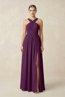 Fig Cross Halter Neck Chiffon A-Line Bridesmaid Dress With Slit | KISSBRIDAL