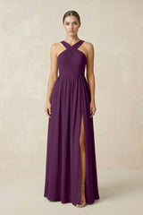 Fig Cross Halter Neck Chiffon A-Line Bridesmaid Dress With Slit | KISSBRIDAL