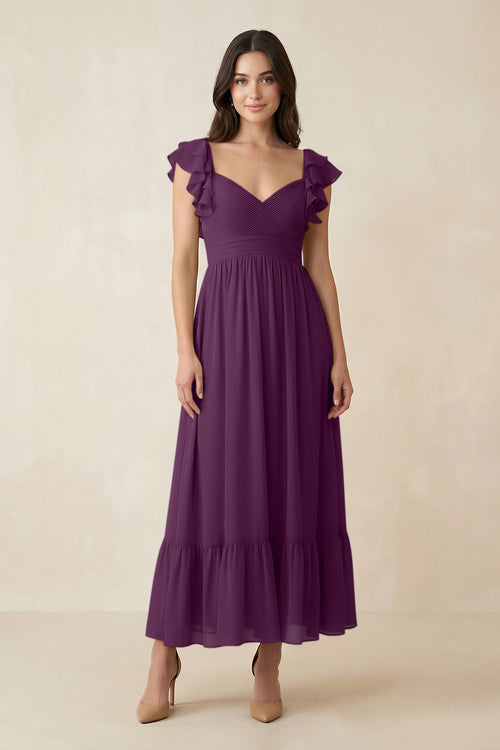 Fig Flutter Sleeve Sweetheart A-Line Chiffon Bridesmaid Dress | KISSBRIDAL