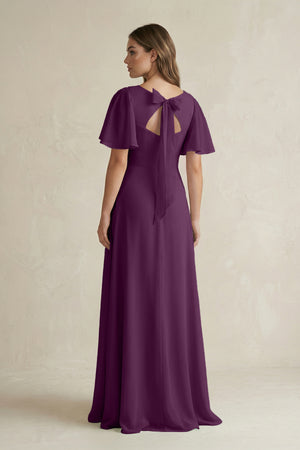 Fig Flutter Sleeve V-Neck A-Line Chiffon Bridesmaid Dress (2) | KISSBRIDAL