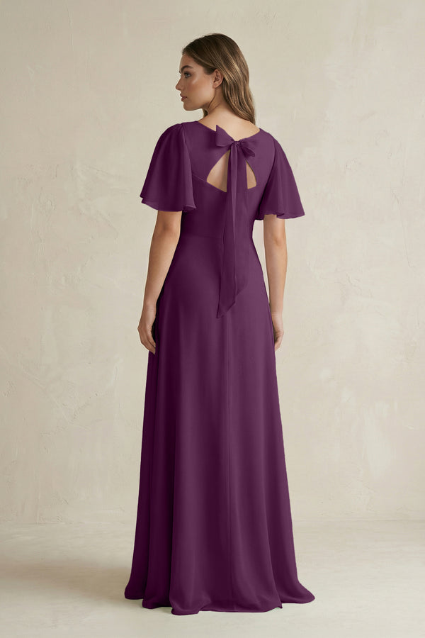 Fig Flutter Sleeve V-Neck A-Line Chiffon Bridesmaid Dress (2) | KISSBRIDAL