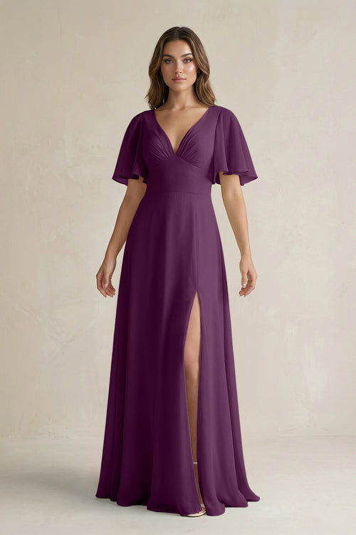 Fig Flutter Sleeve V-Neck A-Line Chiffon Bridesmaid Dress | KISSBRIDAL