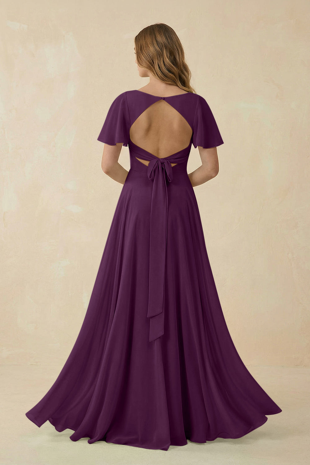 Flutter Sleeve V-Neck Chiffon A-Line Bridesmaid Dress in Fig